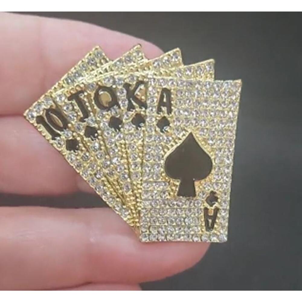 Royal Flush Poker Hand Cards Brooch Spades Enamel and Flat Rhinestones